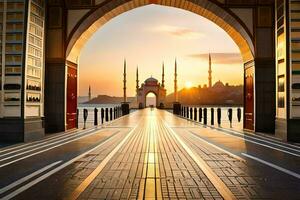 le coucher du soleil plus de le bleu mosquée dans istanbul. généré par ai photo