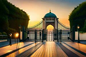 le porte à le jardin à le coucher du soleil. généré par ai photo