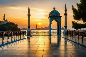 le Soleil ensembles plus de le Istanbul mosquée. généré par ai photo