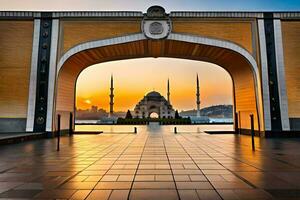 le Soleil ensembles derrière le bleu mosquée dans istanbul. généré par ai photo