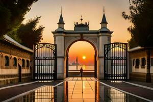 le coucher du soleil à le porte de le palais de le sultan de Bulgarie. généré par ai photo