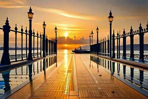 le coucher du soleil sur le pont plus de le l'eau. généré par ai photo