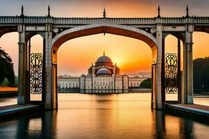 le Soleil ensembles plus de une pont avec un arcade. généré par ai photo