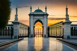 le entrée à une mosquée à le coucher du soleil. généré par ai photo