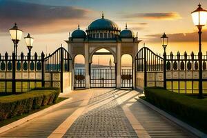 le porte à une mosquée à le coucher du soleil. généré par ai photo