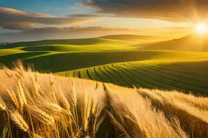 une champ de blé est montré à le coucher du soleil. généré par ai photo