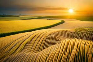 une magnifique le coucher du soleil plus de une champ de blé. généré par ai photo