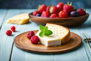 fromage et baies sur une en bois plaque. généré par ai photo