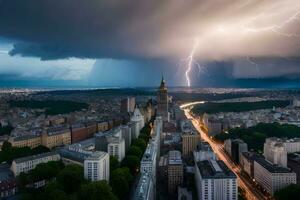 foudre grèves plus de le ville de Cracovie, Pologne. généré par ai photo