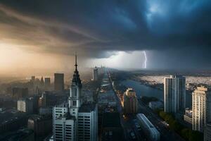 une orage est vu plus de une ville avec grand bâtiments. généré par ai photo