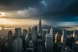 Nouveau york ville horizon à le coucher du soleil. généré par ai photo