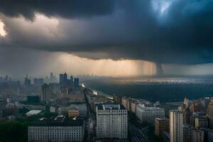 une orage est vu plus de une ville avec grand bâtiments. généré par ai photo