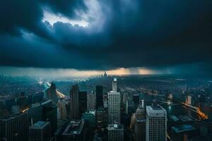 orage des nuages plus de Nouveau york ville ligne d'horizon. généré par ai photo