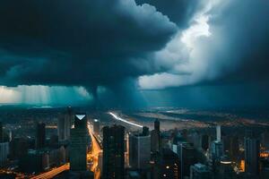 une orage des nuages plus de une ville à nuit. généré par ai photo