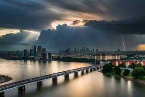 une ville horizon avec une pont et une rivière en dessous de une orageux ciel. généré par ai photo