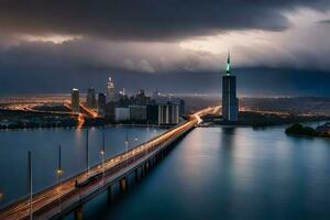 une ville horizon avec une pont et une orageux ciel. généré par ai photo