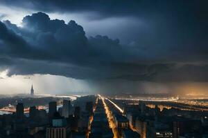 une orageux nuit plus de une ville avec une grand nuage. généré par ai photo