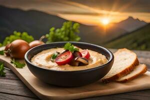 champignon et tomate soupe dans une bol sur une en bois table avec une le coucher du soleil dans le Contexte. généré par ai photo