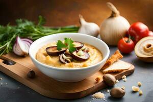 champignon soupe avec pain et des légumes sur une Coupe planche. généré par ai photo