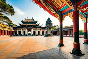 le Cour de une chinois temple avec coloré piliers. généré par ai photo