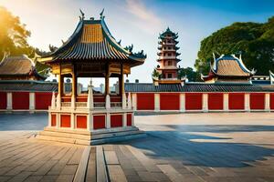 le Soleil est brillant vivement sur une chinois temple. généré par ai photo