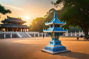 une bleu pagode dans une parc à le coucher du soleil. généré par ai photo