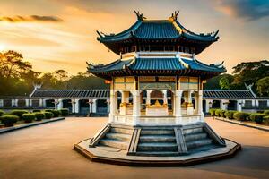 une pagode dans le milieu de une parc à le coucher du soleil. généré par ai photo