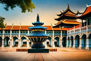 le Cour de une chinois temple à le coucher du soleil. généré par ai photo