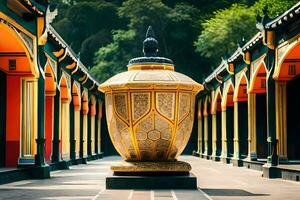 une d'or vase séance dans le milieu de une passerelle. généré par ai photo