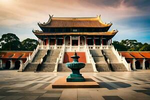 le chinois temple est dans le milieu de une Cour. généré par ai photo