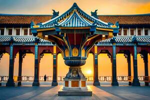 le Soleil ensembles derrière une chinois temple à le coucher du soleil. généré par ai photo