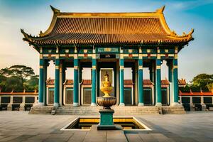 le d'or Fontaine dans le milieu de une chinois temple. généré par ai photo