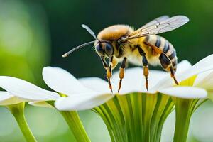 une abeille sur une blanc fleur avec une vert Contexte. généré par ai photo