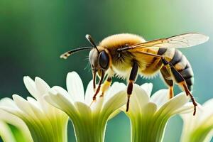 une abeille est permanent sur Haut de une blanc fleur. généré par ai photo