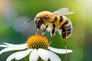 une abeille est permanent sur une blanc fleur. généré par ai photo