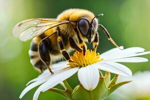 abeille sur blanc fleur avec flou Contexte. généré par ai photo