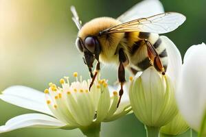 abeille sur blanc fleur avec flou Contexte. généré par ai photo