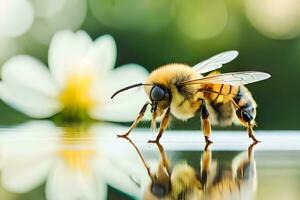 abeille sur l'eau avec fleur dans Contexte. généré par ai photo