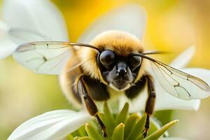 une abeille avec grand yeux et une longue cou est séance sur une fleur. généré par ai photo