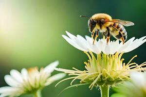 une abeille est permanent sur une blanc fleur. généré par ai photo