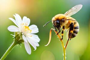 une abeille est permanent sur une fleur avec une blanc fleur. généré par ai photo