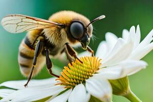 une abeille est sur une blanc fleur avec une vert Contexte. généré par ai photo