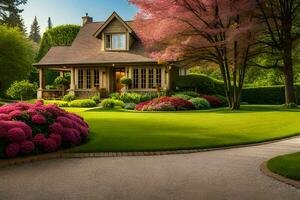 une magnifique jardin avec fleurs et des arbres. généré par ai photo