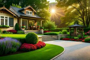 une magnifique jardin avec fleurs et des arbres. généré par ai photo