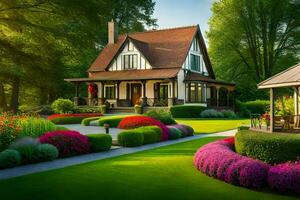 une magnifique jardin avec une maison et fleurs. généré par ai photo