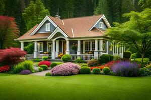 une magnifique maison avec une jardin et fleurs. généré par ai photo