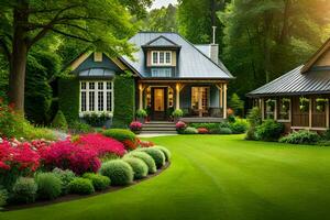 une magnifique jardin avec fleurs et une maison. généré par ai photo