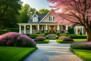 une magnifique maison avec rose des arbres et une sentier. généré par ai photo