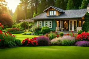une magnifique jardin avec fleurs et une maison. généré par ai photo
