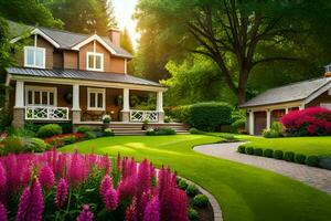 une magnifique maison avec une jardin et fleurs. généré par ai photo